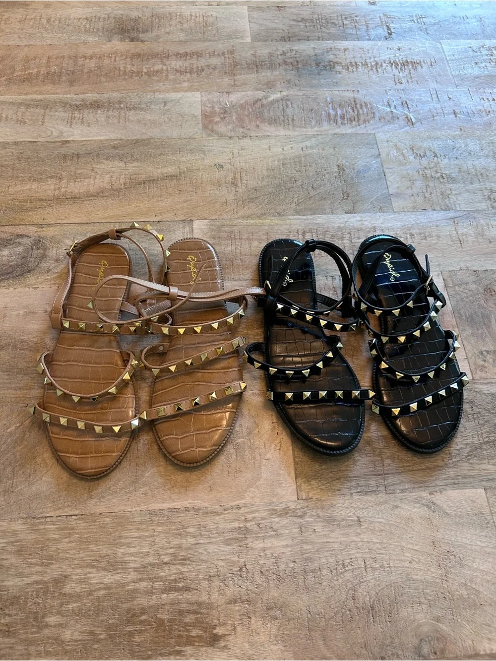Studded Strappy Flat Sandals - Black / Brown - Women